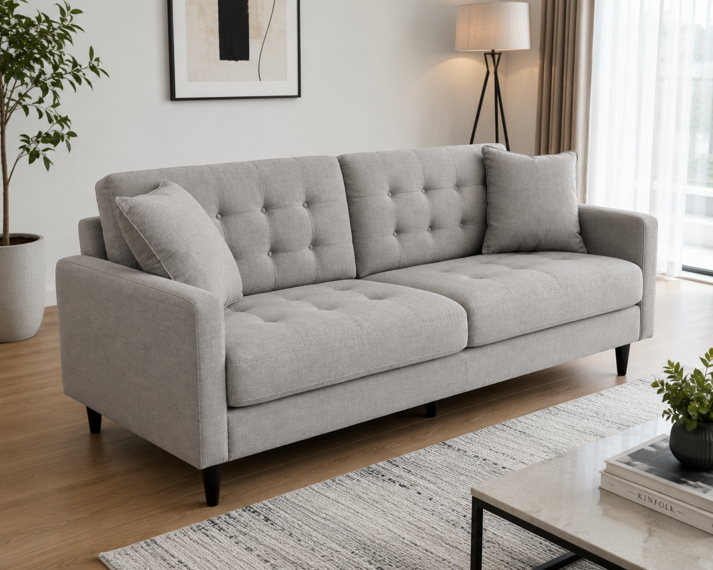 Danube Home Tranquil Tides 3-Seater Tufted Fabric Sofa | Light Grey, 239x97x72 cm - used 5 months
