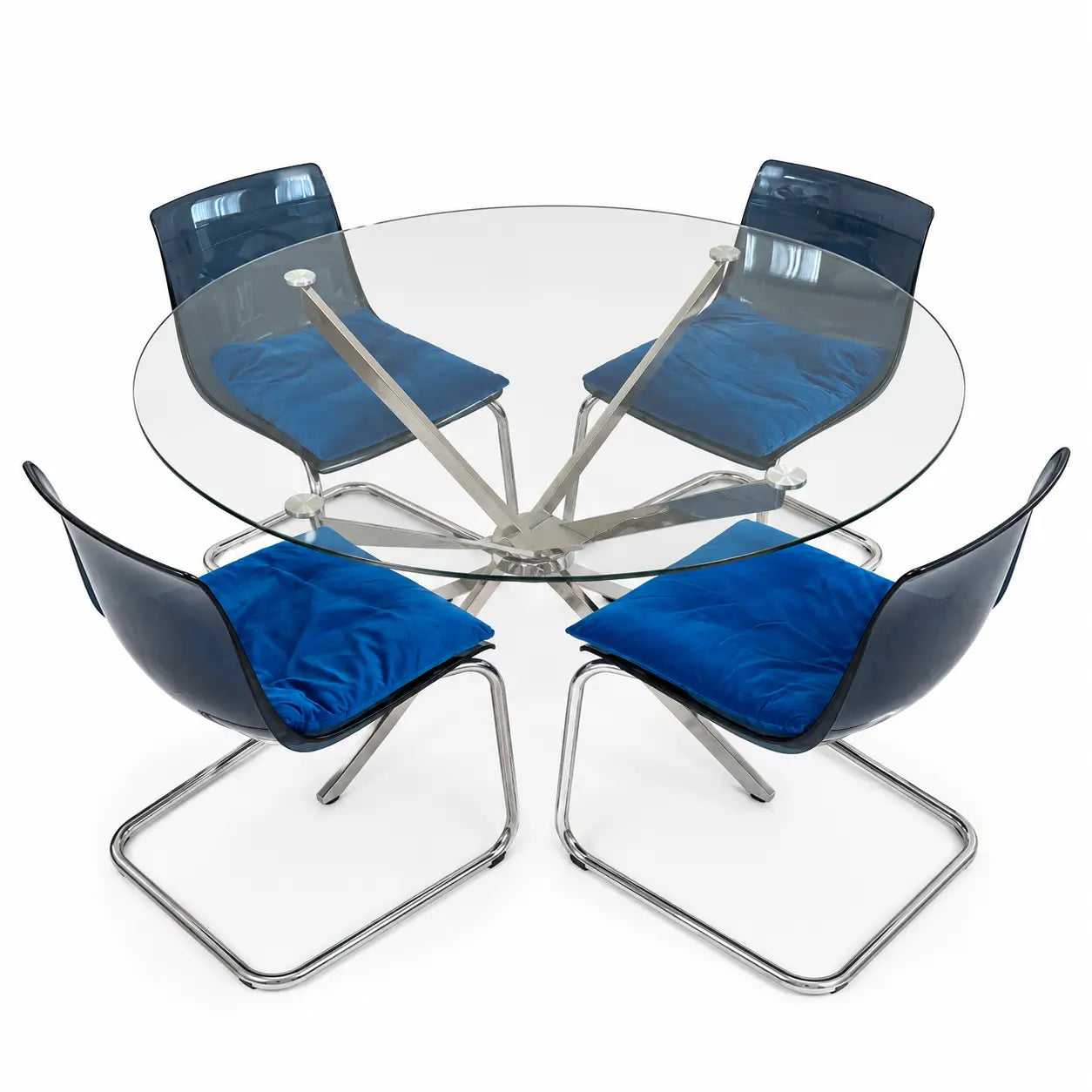 Mid-Century Modern Round Glass Dining Set | Chrome Base, Blue Velvet & Acrylic Chairs - used 4 months