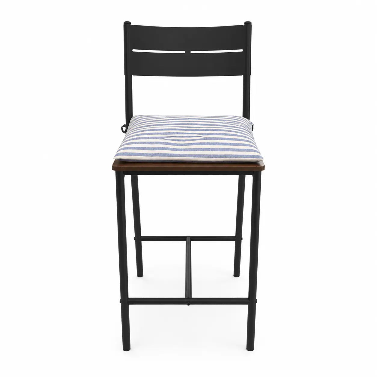 3-Piece Bar Table Set | Matte Black Metal, 2 Stools, Blue Striped Cushions - used 3 months
