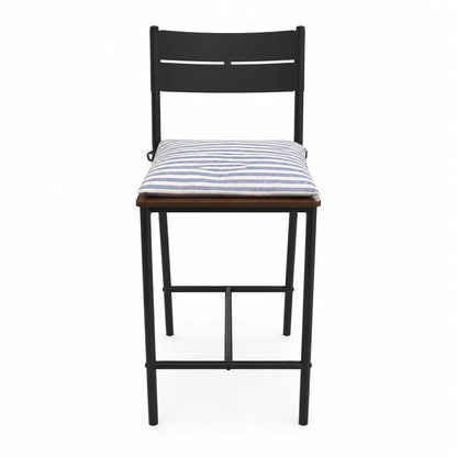 3-Piece Bar Table Set | Matte Black Metal, 2 Stools, Blue Striped Cushions - used 3 months