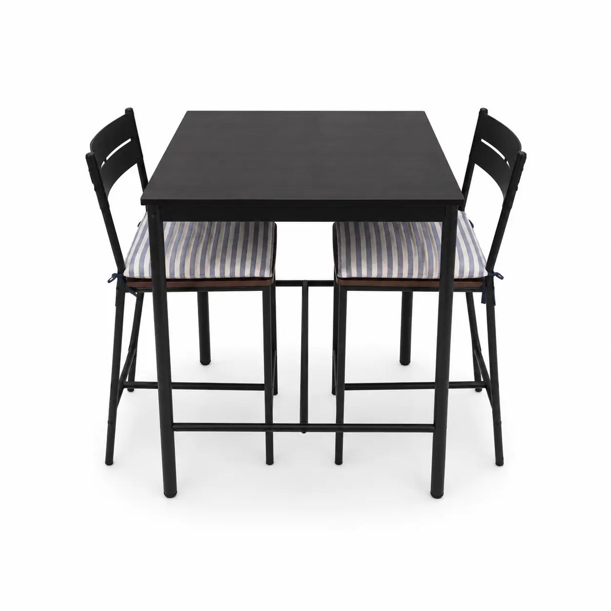 3-Piece Bar Table Set | Matte Black Metal, 2 Stools, Blue Striped Cushions - used 3 months