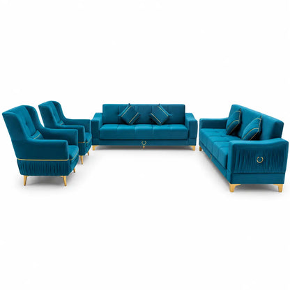 7-Seater Luxury Royal Blue Velvet Sofa Set | 3+2+1+1, Gold Trim - used 8 months