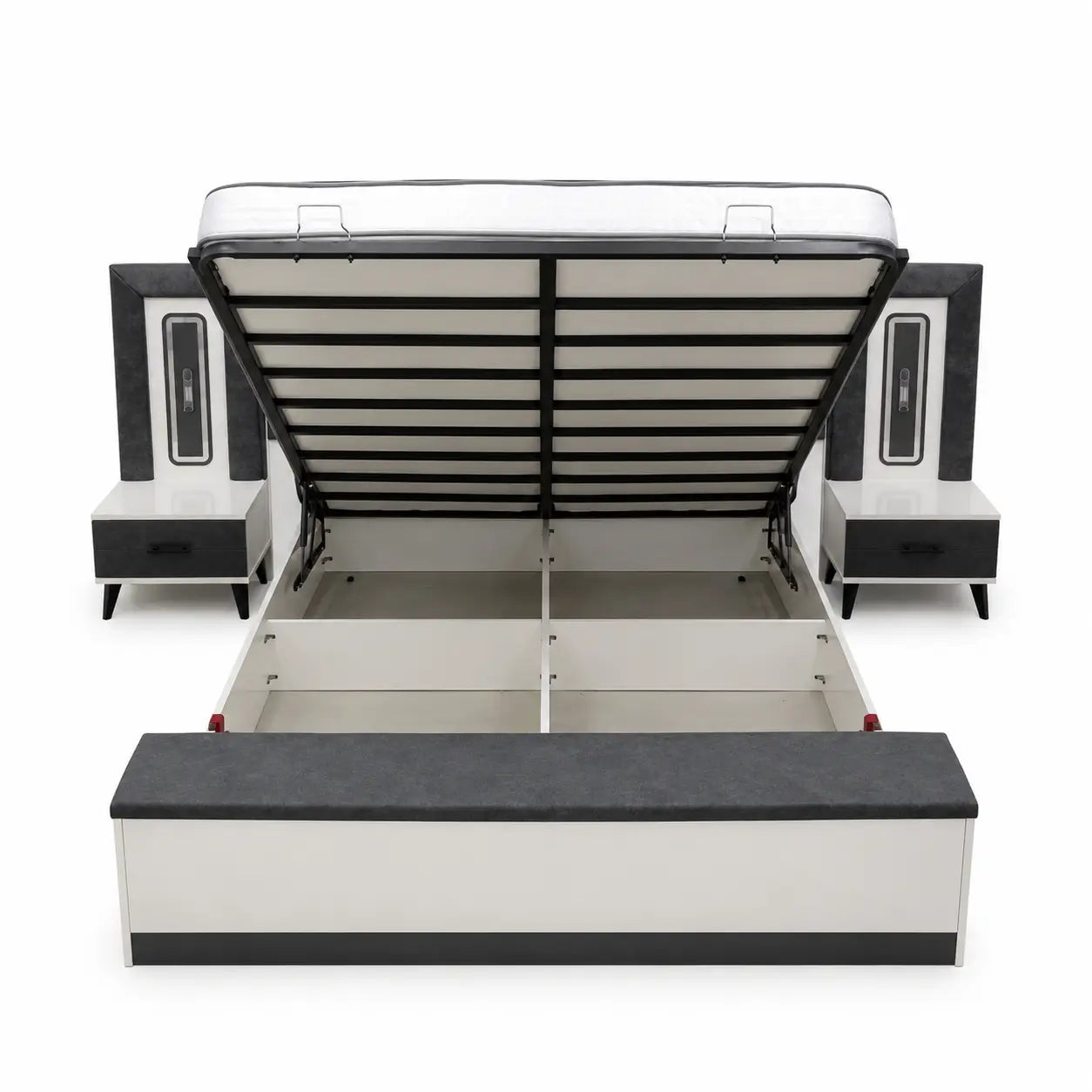King Bedroom Set with LED Headboard, Hydraulic Storage & 6-Door Wardrobe | Black/White, 180x200 cm - used 8 months