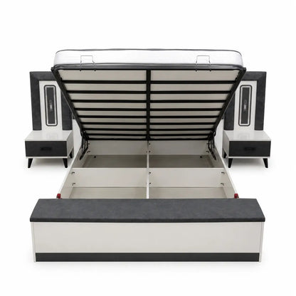 King Bedroom Set with LED Headboard, Hydraulic Storage & 6-Door Wardrobe | Black/White, 180x200 cm - used 8 months