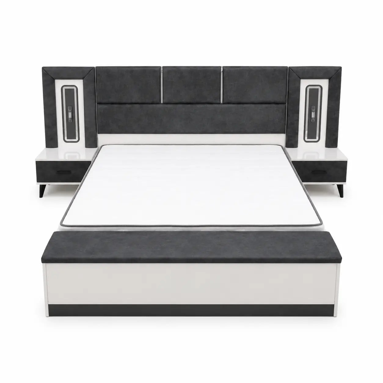 King Bedroom Set with LED Headboard, Hydraulic Storage & 6-Door Wardrobe | Black/White, 180x200 cm - used 8 months