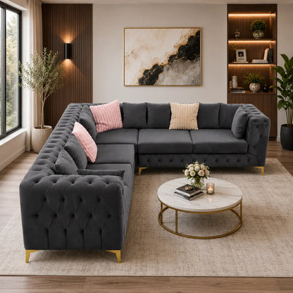 Chesterfield-Style L-Shaped Velvet Sectional Sofa - used 5 months