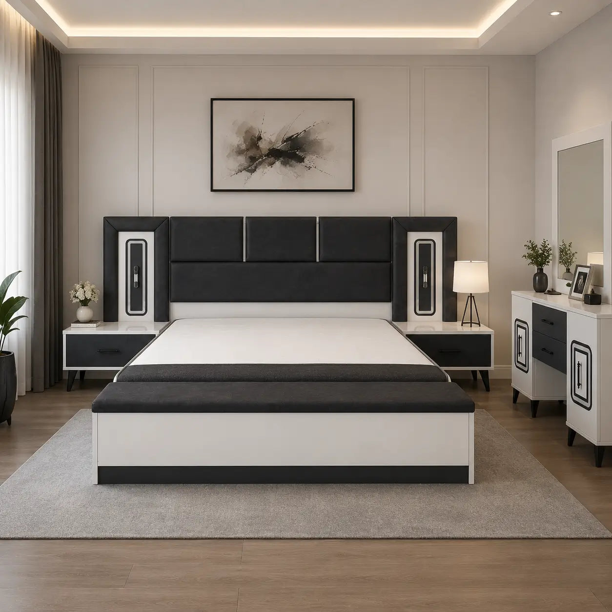 King Bedroom Set with LED Headboard, Hydraulic Storage & 6-Door Wardrobe | Black/White, 180x200 cm - used 8 months