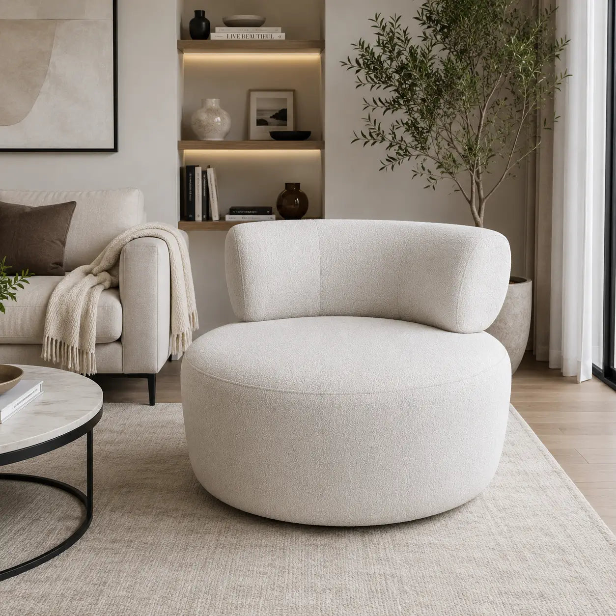 TUBE Swivel Armchair | White Boucle Chenille, Rounded Modern Design - used 5 months