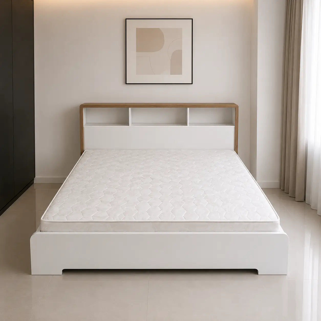King Bed Set with Storage Headboard & Mattress | White & Oak, 180x200 cm - used 6 months