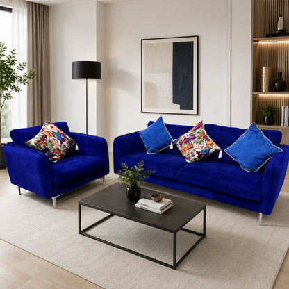Modern Navy Blue Velvet Sofa Set | 3+1 Seater, Silver Metal Legs