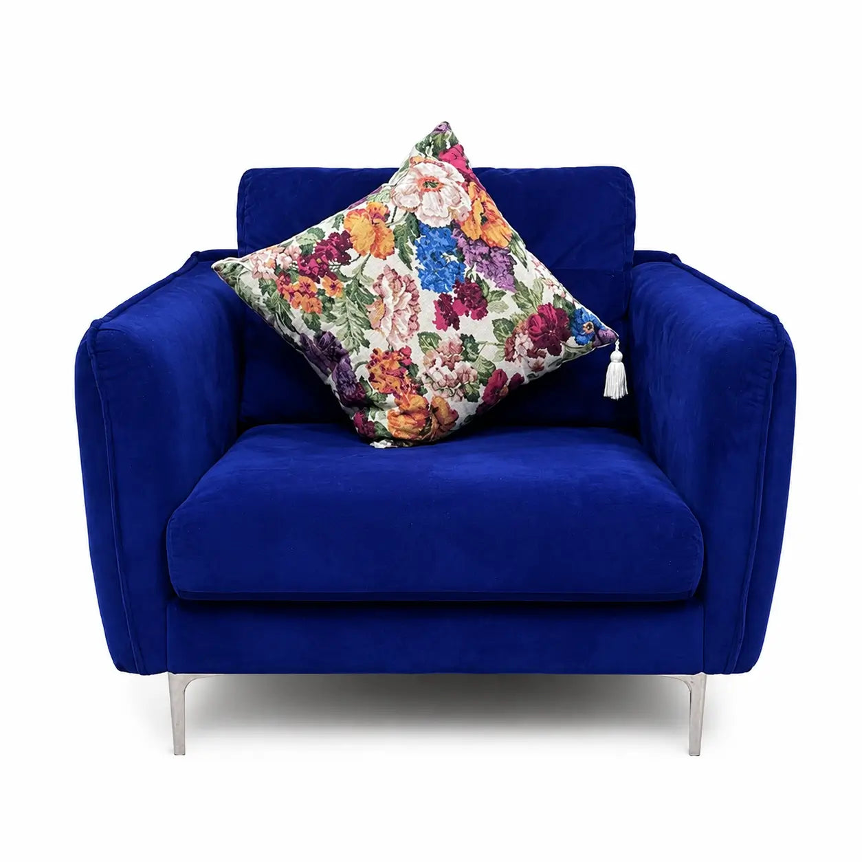 Modern Navy Blue Velvet Sofa Set | 3+1 Seater, Silver Metal Legs