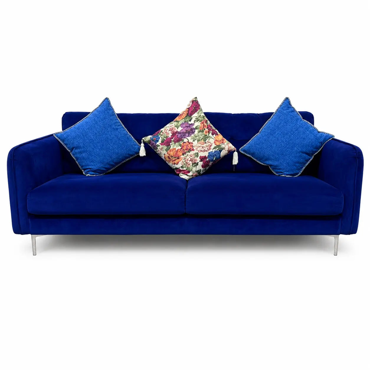 Modern Navy Blue Velvet Sofa Set | 3+1 Seater, Silver Metal Legs