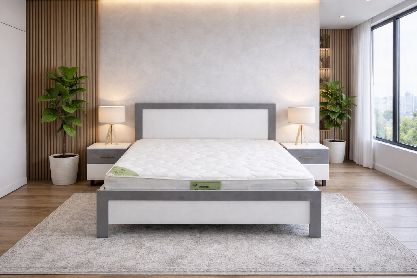 King Bed Set with Mattress | White & Grey, 180x200 cm– Brand New