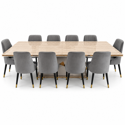 Home Centre Vasto 10-Seater Dining Set with Marble-Finish Wooden Table – Beige, Grey & Gold