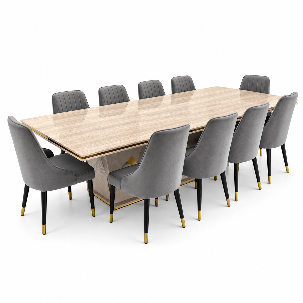 Home Centre Vasto 10-Seater Dining Set with Marble-Finish Wooden Table – Beige, Grey & Gold