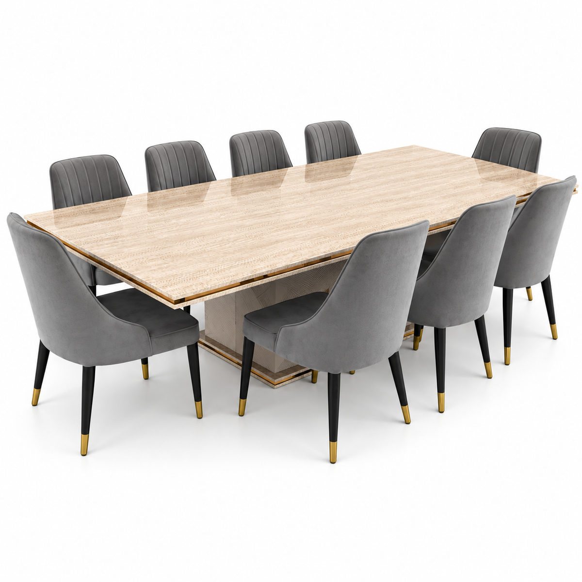 Home Centre Vasto 10-Seater Dining Set with Marble-Finish Wooden Table – Beige, Grey & Gold