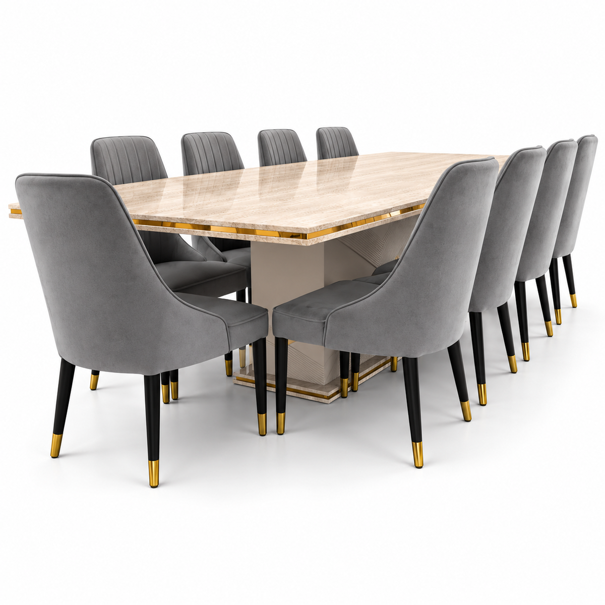 Home Centre Vasto 10-Seater Dining Set with Marble-Finish Wooden Table – Beige, Grey & Gold