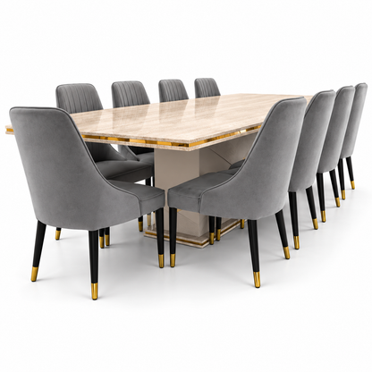 Home Centre Vasto 10-Seater Dining Set with Marble-Finish Wooden Table – Beige, Grey & Gold