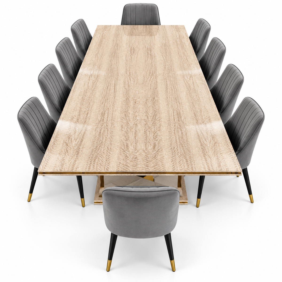 Home Centre Vasto 10-Seater Dining Set with Marble-Finish Wooden Table – Beige, Grey & Gold
