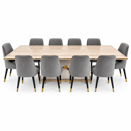 Home Centre Vasto 10-Seater Dining Set with Marble-Finish Wooden Table – Beige, Grey & Gold