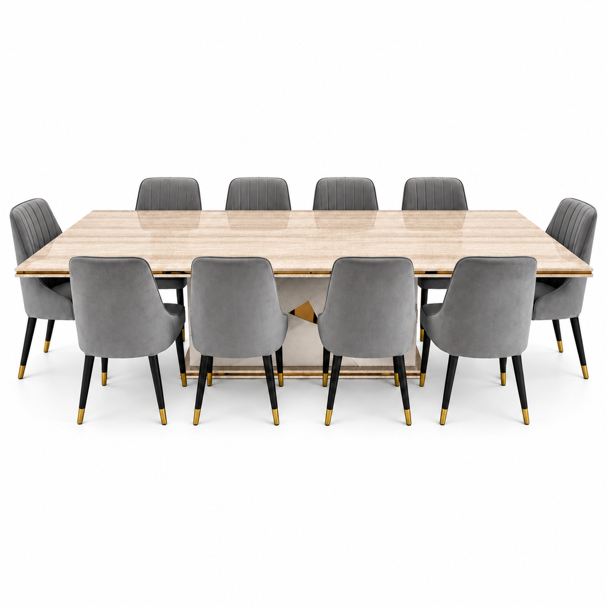 Home Centre Vasto 10-Seater Dining Set with Marble-Finish Wooden Table – Beige, Grey & Gold