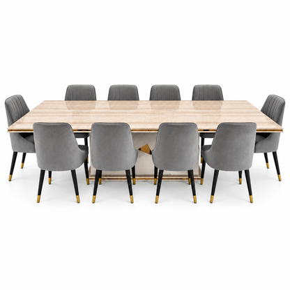 Home Centre Vasto 10-Seater Dining Set with Marble-Finish Wooden Table – Beige, Grey & Gold