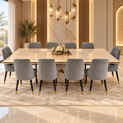Home Centre Vasto 10-Seater Dining Set with Marble-Finish Wooden Table – Beige, Grey & Gold