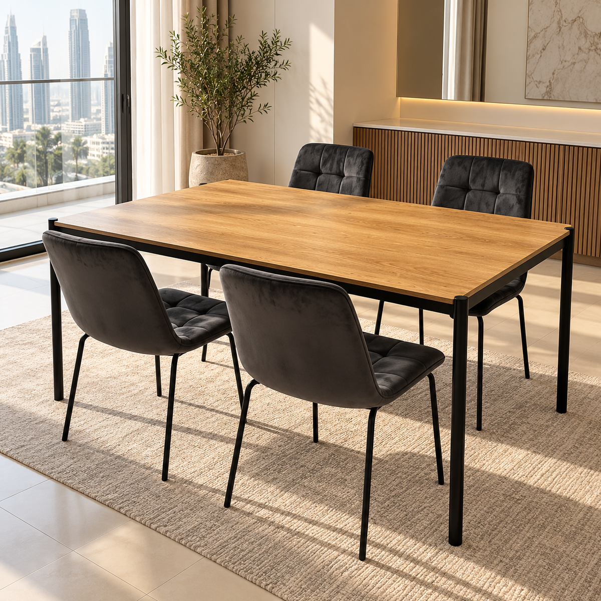 Home Centre Aimee 6-Seater Dining Table with 4 Upholstered Chairs – Oak & Charcoal Black