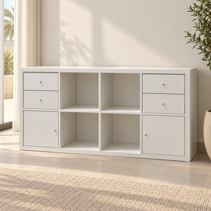 IKEA KALLAX Shelving Unit with 4 Inserts – White – 147 × 39 × 77 cm
