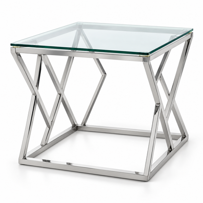Porto Glass Top Side Table – Chrome & Clear – 55 × 55 × 55 cm