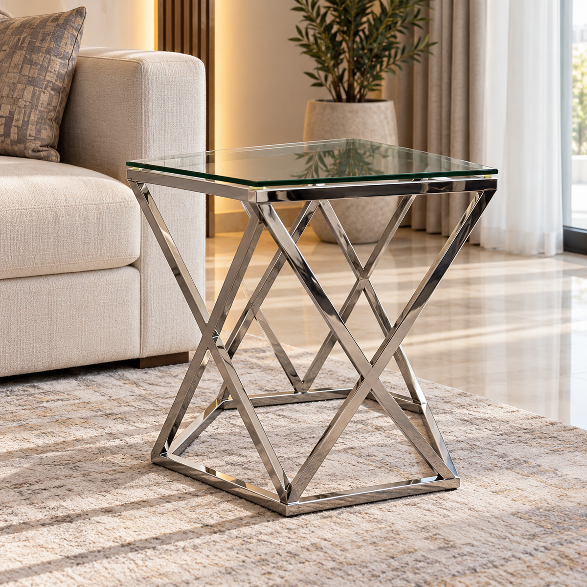 Porto Glass Top Side Table – Chrome & Clear – 55 × 55 × 55 cm