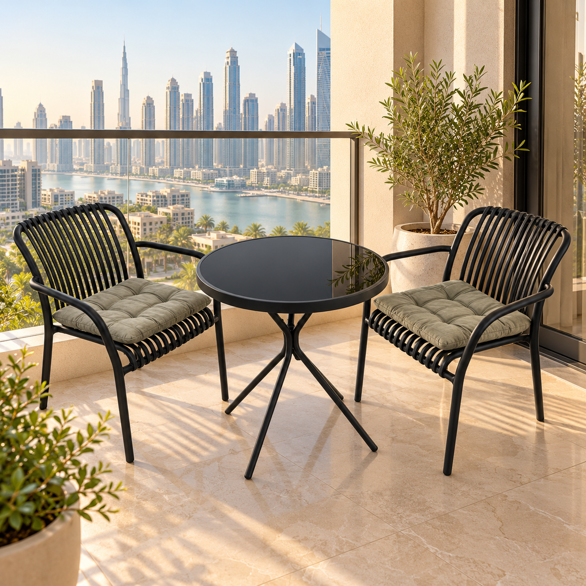 OTATH 3-Piece 2-Seater Outdoor Lounge Set with Round Table – Black & Grey