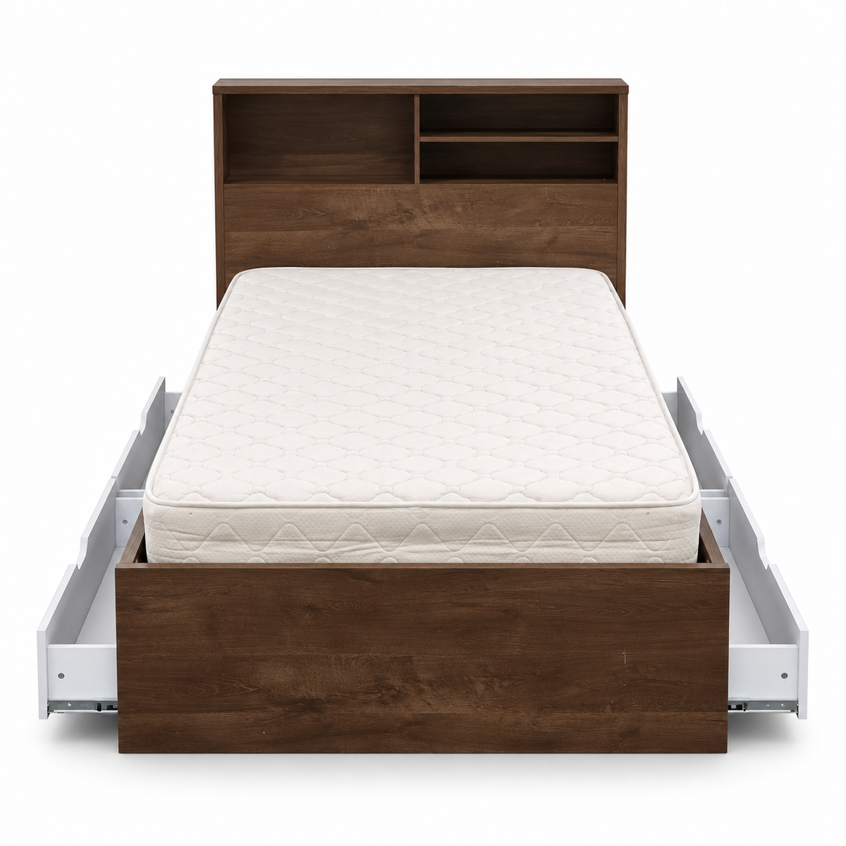 Home Centre Twin Storage Bed with Mattress, 4 Drawers & Headboard Shelves – 120 × 200 cm – Dark Brown