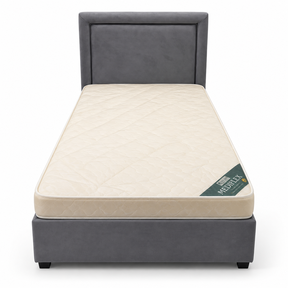 Home Box Modern Upholstered Single Bed with Mattress – Grey – 90 × 190 cm