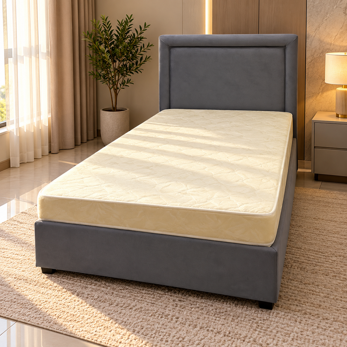 Home Box Modern Upholstered Single Bed with Mattress – Grey – 90 × 190 cm