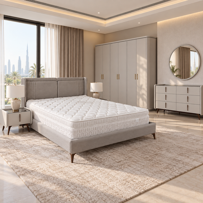 Homes r Us Complete King Bedroom Set with Myra Bed, Mattress & New Selena 6-Door Wardrobe – 180 × 200 cm – Cream & Beige