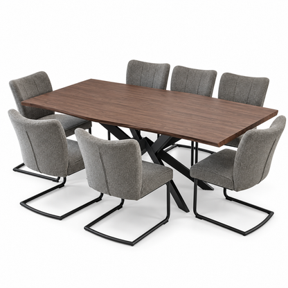 PAN Home Rivington 7-Piece Dining Set with 6 Upholstered Chairs – Brown & Grey – 200 × 100 cm