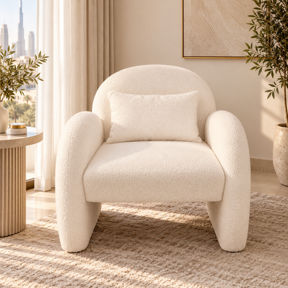 Fifty Five South Ozzero Ivory Bouclé Curved Armchair – 69 × 70 × 69 cm