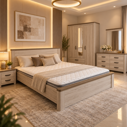 Home Box Movo Cooper King Bedroom Set with Mattress, Wardrobe & Dresser – Beige – 180 × 200 cm