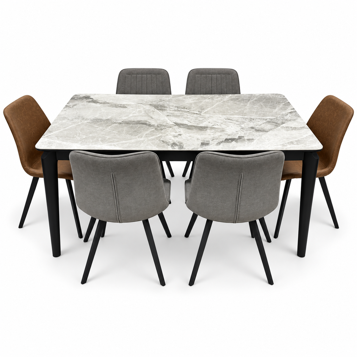 Home Centre Charcoal 7-Piece Dining Set with Ceramic Top Table & 6 Fabric Chairs – Grey, Brown & Black