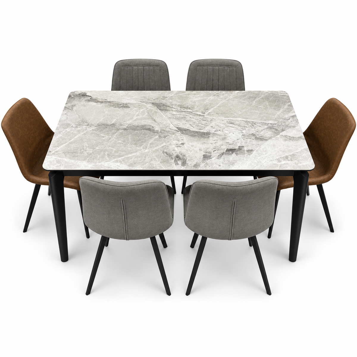 Home Centre Charcoal 7-Piece Dining Set with Ceramic Top Table & 6 Fabric Chairs – Grey, Brown & Black
