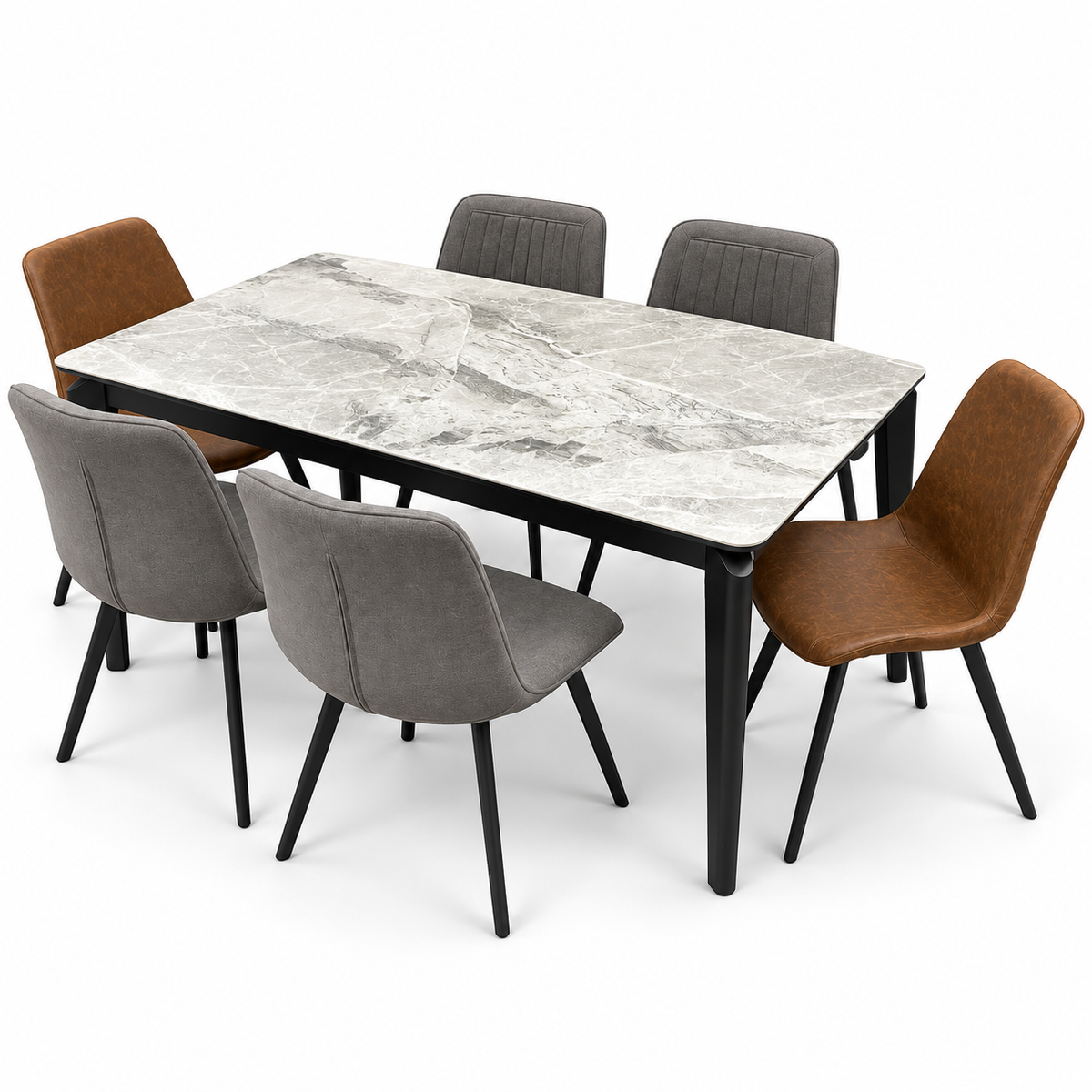 Home Centre Charcoal 7-Piece Dining Set with Ceramic Top Table & 6 Fabric Chairs – Grey, Brown & Black