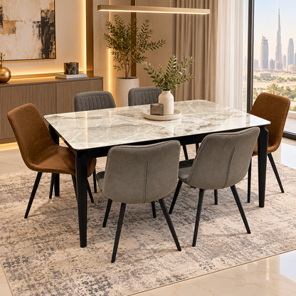 Home Centre Charcoal 7-Piece Dining Set with Ceramic Top Table & 6 Fabric Chairs – Grey, Brown & Black