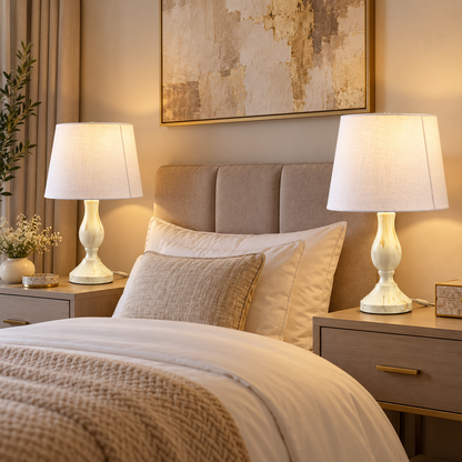 Home Box Marble-Effect Table Lamps with Fabric Shades – White – Set of 2