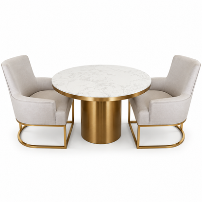 PAN Home Kemer Round Dining Table with 2 Upholstered Armchairs – White & Gold – 130 cm