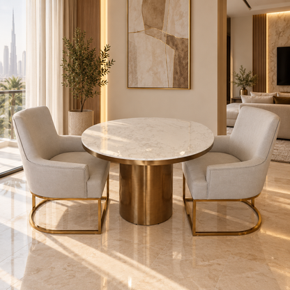 PAN Home Kemer Round Dining Table with 2 Upholstered Armchairs – White & Gold – 130 cm