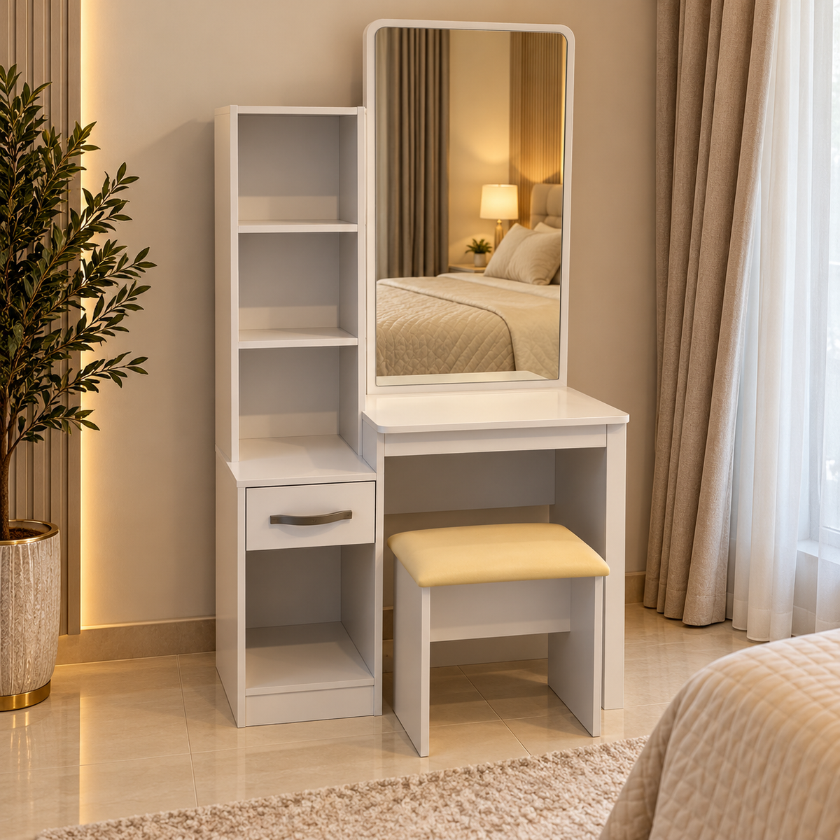 Home Box KULLTORP Dressing Table with Mirror, Storage Shelves & Stool – White