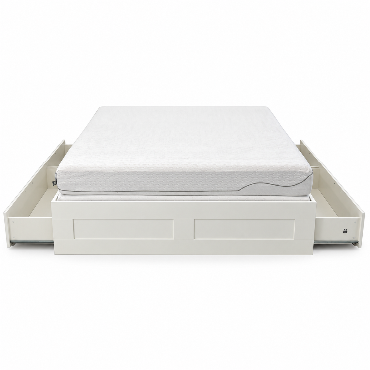 IKEA BRIMNES King Bed Frame with 4 Storage Drawers & Mattress – White – 180 × 200 cm