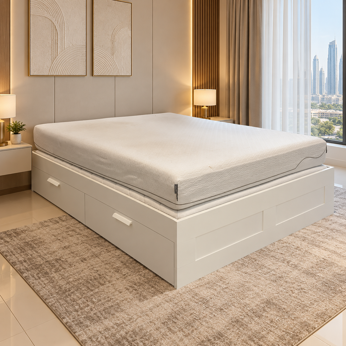 IKEA BRIMNES King Bed Frame with 4 Storage Drawers & Mattress – White – 180 × 200 cm