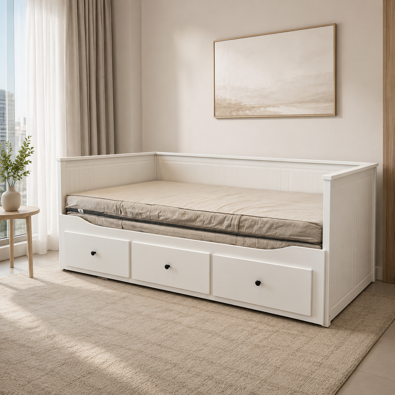 IKEA HEMNES Day-Bed with 3 Drawers &amp; 2 Mattresses – White – 80 × 200 / 160 × 200 cm